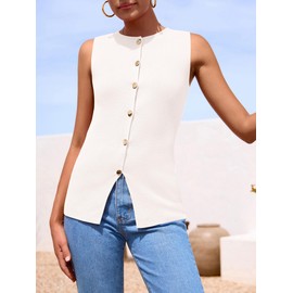 PRETTYGARDEN Women's Sweater Vest Button Down Summer Tank Tops 2025 Sleeveless Knit Vests Fashion Business Casual Outfits (White,XL)