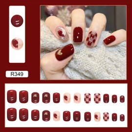 Short Press on Nails, 24Pcs Full Cover Reusable False Nails Kits, Medium Length Artificial Acrylic Fake Nails for Women, Red Checkerboard Nails Design, Glue on Nails Fake Nails for Nail Art