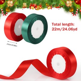 3 Rolls Satin Ribbon Christmas 2.5cm x 22m Red Satin Ribbon Gold Dark Green Fabric Ribbon for Wrapping Gift Christmas Bouquet Wedding Birthday Crafts Christmas