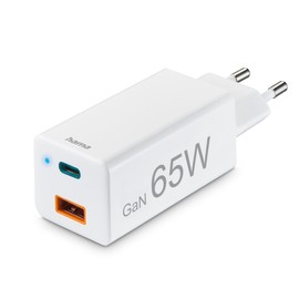 Hama USB-C-Ladegerät 65W (2 Port Netzteil USB C + USB A, Schnellladegerät mit Quick Charge 3.0 u. Power Delivery, USB Ladegerät mit GaN-Technologie, Universal-Ladegerät für Handy, Tablet, Laptop) weiß