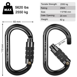 Carabiner Climbing, BOORCA UIAA Certified 25KN High Performance Carabiner Hook for Climbing, Rappelling and Mountaineering, Rescue, Hammocks, Swing, Camping and Dog Lead, Pack of 5, Black
