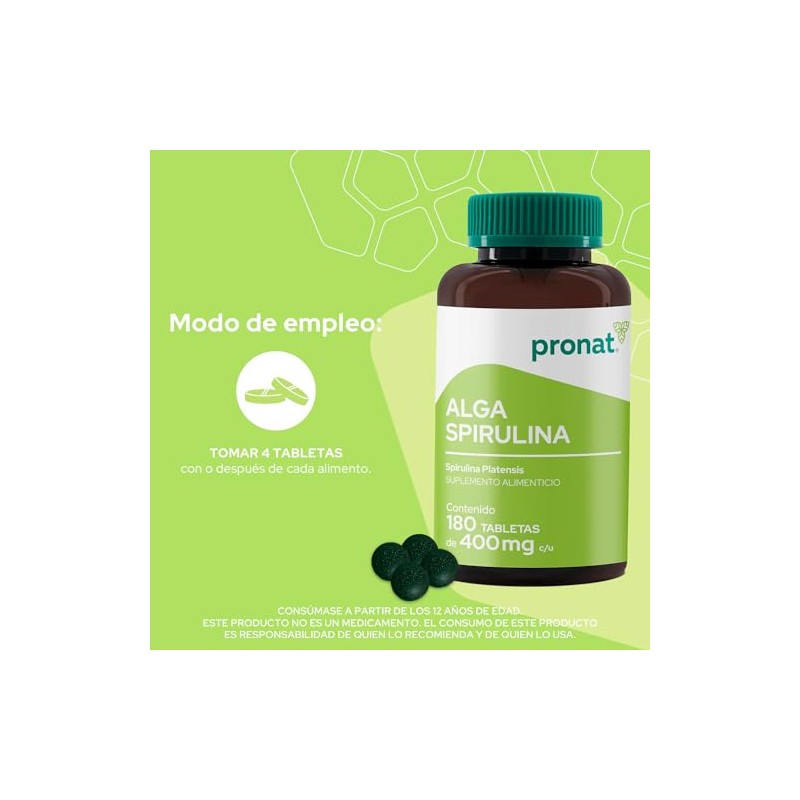 PRONAT | Alga Spirulina 100% Pura, Suplemento Alimenticio, 180 tabletas