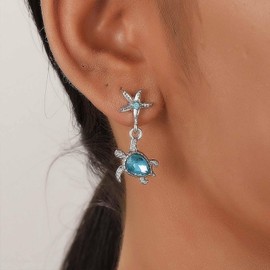 Cimenexe Bohemian Crystal Turtle Dangle Earrings Silver Sapphire Starfish Stud Earrings Sapphire CZ Tortoise Drop Earrings Rhinestone Starfish Turtle Earrings Jewellery for Women, Zinc, No Gemstone