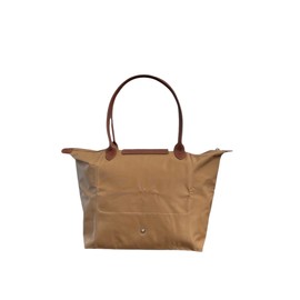 Designer-like Tote Bag | Genuine Leather Trimmings | Water Resistant | Foldable | Soft Nylon | Fashionable | Lightweight | Snap Button | Zip Closure | 2 Flat Inside Pockets (Brown)