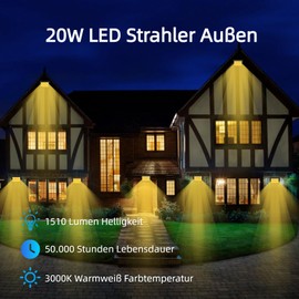 Wegoodlife 20 W LED Outdoor Spotlight, Super Bright 1510 LM Spotlight, 3000 K Warm White Outdoor Spotlight, IP66 Waterproof LED Floodlight, 50 cm Cable, No Plug, Outdoor Light for Backyard, Driveway,