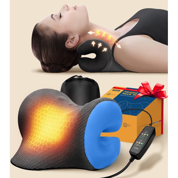 8X Pain Relief Magnetic Therapy Heated Neck Stretcher, 3X Larger Graphene Heating Pad Cervical Traction Device Pillow, Neck Hump Corrector w/Timer Setting, Relax Gifts for TMJ Tension Muscle Migraine
