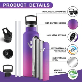 Vikastar Stainless Steel Water Bottle, Thermos Flask, 500 ml, BPA-Free Drinking Bottle, Thermos Bottle with Straw, Drinking Bottle for School, Sports, Bike, Camping, Deep Purple & Pink