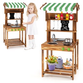 HONEY JOY Mud Kitchen with Canopy, Double Side Fir Wood Outdoor Play Kitchen for Toddlers, Faucet & Sink, Blackboard, Cookware, Bottom Shelf, Mud Table for Kids Outdoors Backyard