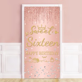16th Birthday Decorations Banner Girl - Rose Gold Happy 16 Years Old Birthday Party Door Porch Sign, Glitter Sweet Sixteen Door Hanging for Party Decoration Supplies