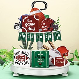 10 Pcs Fall Football Tiered Tray Decor Football Decor Wooden Rustic Football Game Day Sign Go Fight Win Helmet Blocks Football Tray Decor Set for Football Season Table Party Farmhouse (Classic Style)