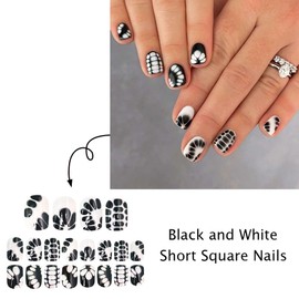 24 PCS Short Press on Nails Square Nude Pink ＆ Black Fake Nails Black Turtle Texture Designs False Nails Full Cover Glue on Nails for Women Girls Acrylic Artificial Nails