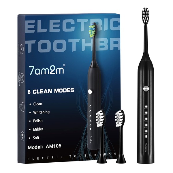 7am2m Cepillo de dientes eléctrico Sonic para adultos y niños, con 6 cabezales de cepillo, 5 modos con temporizador inteligente integrado de 2 minutos, diseño de mango de columna romana US-AM105S-negro