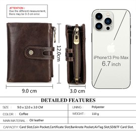 Contacts Bifold Wallet Leather AirTag Purse for Women Men Minimalist Small Coin Card Zipper Pocket with RFID Blocking (Coffee)