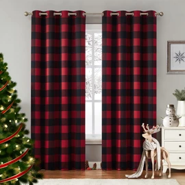 Melodieux Buffalo Check Plaid Blackout Curtains 63 Inch Length for Bedroom, Living Room Thermal Insulated Room Darkening Grommet Drapes, Black Red, 50 x 63 Inch, 2 Panels