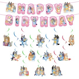 Pink Dog Party DecorationS Banner Blue- 14Pcs BirthDay DecorationS Dog Happy BirthDay Banner DecoratioN Bunting Garland and Hanging Swirls Decoration for Theme Kids Birthday Party Supplies Decoration