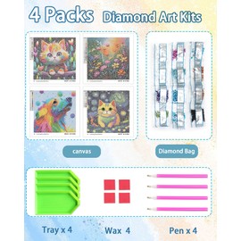 Leixonl 4 Packs 5D Diamond Art Kits for Kids Ages 6 8 9 12,Arts and Crafts Set for Home Wall Decor Diamond Art Gem by Number Kits Arts and Crafts Kits(5.9x5.9inch) (Cat, Dog, Flower)