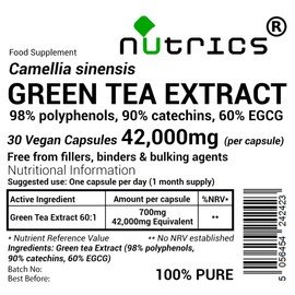 Nutrics® 42,000mg (per Capsule) Green Tea Extract 98% Polyphenols 90% catechins 60% EGCG 30 Vegan Capsules (1 Month Supply) 100% Pure (30)