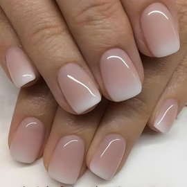 Viugex 24Pcs Nude Pink Gradient Press on Nails Short Square, French Tips False Nails in 12 Sizes, Full Cover Acrylic Stick on Nails, Reusable Fake Nail Set, Removable Glue on Nail for Women and Girls