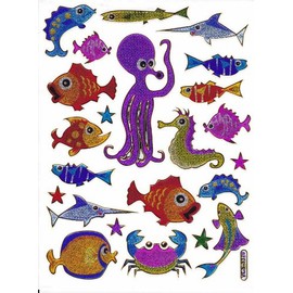 Fish Shell Animals Colourful Stickers, 23-pieces, 1 sheet, 135 mm x 100 mm, sticker craft kids, party metallic look