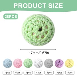 Jortmrd Pack of 28 Crochet Beads, 16 mm, Crocheted Wooden Beads for Threading, Colourful Yarn, Wooden Balls with Thread Holes, Handmade Crocheted Wooden Beads for DIY Necklace, Bracelet, Jewellery