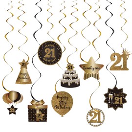 Happy 21st Birthday Party Hanging Swirls Streams Ceiling Decorations, Celebration 21 Foil Hanging Swirls with Cutouts for 21 Years Old Black and Gold Birthday Party Decorations Supplies