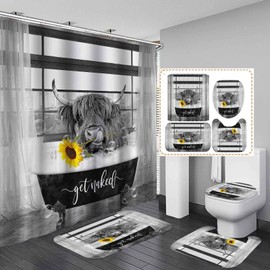 SKAILIÉ 4PCS Funny Highland Cow Shower Curtain Set, Get Naked Quotes Yellow Sunflower Cattle Bull Longhorn Wildlife Animal Western Country Rustic Farmhouse Bathroom Decor, Non-slip Bath Mat Toilet Rug