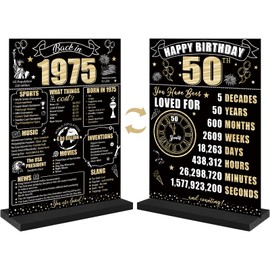 Black Gold 50th Birthday Decorations Back in 1975 Table Sign for Men Women Vintage 50th Poster Acrylic Gift with Stand 1975 Party Supply 50th Class Reunion Decor