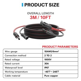 HCOVTXR Solar Extension Cable 10 FT,10AWG Solar Panel Extension Cable with Female and Male Connectors,IP67 PV Wire for Solar