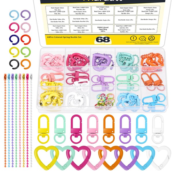 Mardatt 68Pcs Colorful Heart Trigger Spring Rings with Lobster Claw