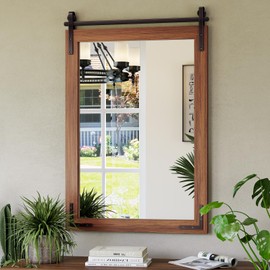 Mestikits 24x36 Inch Farmhouse Mirror for Bathroom, Brown Wood Framed Rustic Mirror, Rectangle Wall Decorative Mirrors for Entryway, Courtyard, Bedroom