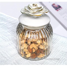 HomeyHoney Glass Jars with Airtight Ceramic Lids, Handcrafted Porcelain Rose, Glass Food Storage Canister for Kitchen, Decorative Jars for Coffee Tea Sugar Candy, White Rose, 1 Pack