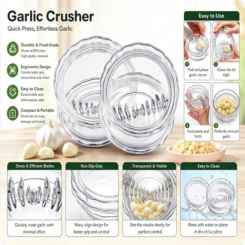 2PCS Clear Garlic Crusher, Manual Garlic Crusher and Ginger Mincer