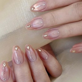 Hkanlre Medium Fake Nails Tips Almond Press on Nails Cat Eyes Full Cover Rhinestones False Nails for Women 24PCS