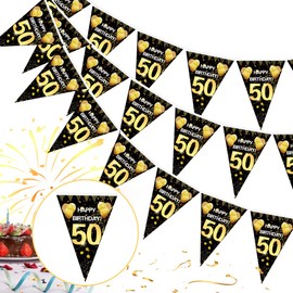 50th Birthday Garland Banner, 50s Birthday Black Gold Pennant Banner, 50th Birthday Bunting Garland, 50th Birthday Hanging Bunting, 50th Birthday Decoration Bunting for Women and Men