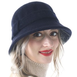 Women Elegant Winter Wool Bucket Hat 1920s Vintage Cloche Bowler Hats (Navy)