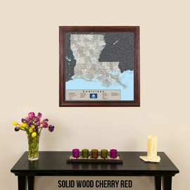 Push Pin Travel Maps Louisiana - Earth Toned - Solid Wood Cherry Red Frame - 150 Pins Included - 27.5 inches x 27.5 inches