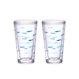 KLIFA- CHARLESTON- 20 oz, Set of 2, Fish Plastic Insulated Tumbler Set, School of Fish Acrylic Double-wall Drinking Glass, BPA-Free, Plastic Drinkware, Dark and Light Blue Printing