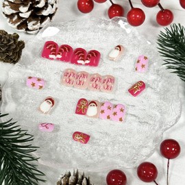 Christmas Press on Nails Short Square Fake Nails, Pink Press on Nails Winter Xmas Santa Claus with Design Christmas Glue on Nails Full Cover Stick on Nails for Women Christmas Manicure Tips 24Pcs