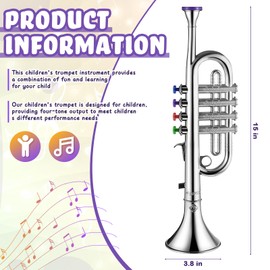 Lewtemi Silver Trumpet Musical Instruments Toy for Kid Toddler Fake Plastic Preschool Music Toy Gift Portable Wind Instrument Early Educational Teaching Songs Toy Gifts for Toddlers Children