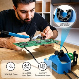 Soldering Station, 130W Digital Display Soldering Iron Station Kit with 2 Helping Hands, 356°F-932°F, Auto Sleep, Solder Wire, 5 Tips, Solder Sucker, Sponge, Tweezers, Tip Cleaner, Blue