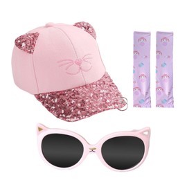 1 Piece of Cat Baseball Cap, 1 Pair of Sunglasses, 1 Pair of Sun Protection Sleeves, Children's Peaked Cap, Wide Brim Sun Hat, Adjustable Cat Ear Hat, Summer Sun Protection Set Pink
