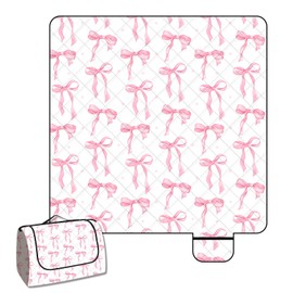 MUGINYU 80"x80" Picnic Beach Blanket Waterproof -Extra Large Outdoor SandProof,3-Layer Fabric Picnic Mat Washable Foldable & Portable for Family Camping, Park, Travel, Grass Lawn-Pink Bow