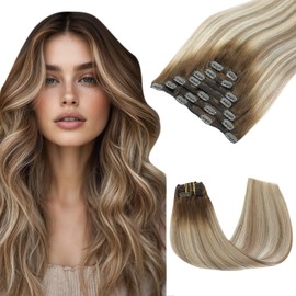 SAFIRENY Clip in Hair Extensions Human Hair Double Weft Balayage Color Walnut Brown To Ash Brown and Golden Blonde,Clip in Hair Extensions,20 inch 160g,7pcs Per Set With 19 Clips(#3/8/22,20")