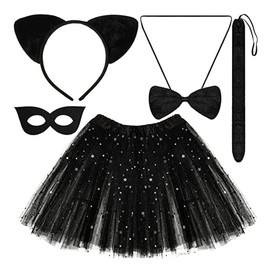 MIFKLMV Cat Costume for Girls, Cat Cosplay Costume Set, Black Cat Costume Set Includes Cat Ears and Tail Set Tutu Skirt Bowtie Mask Kitten Costume for Girls Cosplay Dress Party Accessory Kit