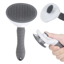 Pet Grooming Brush with Ergonomic Handle, Self-Cleaning Slicker Brush, White and Gray