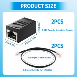 QTMMC 2 Pack RJ45 Adapters RJ11 to RJ45 Telephone Cables Expansion Splitter Converter 8P8C to 6P4C Ethernet Patch Network Lead Phone Line ADSL Modem 0.5m Black