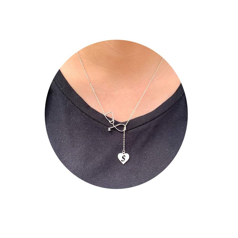 Dcfywl731 Rose Gold Silver Stethoscope Lariat Necklace,Heart and Stethoscope Pendant