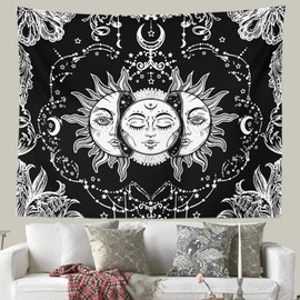 Ftuency Sun and Moon Tapestry Black and White Tapestries Mystic Burning Sun with Star Wall Hanging Decor for Bedroom (40" W x 30" L)