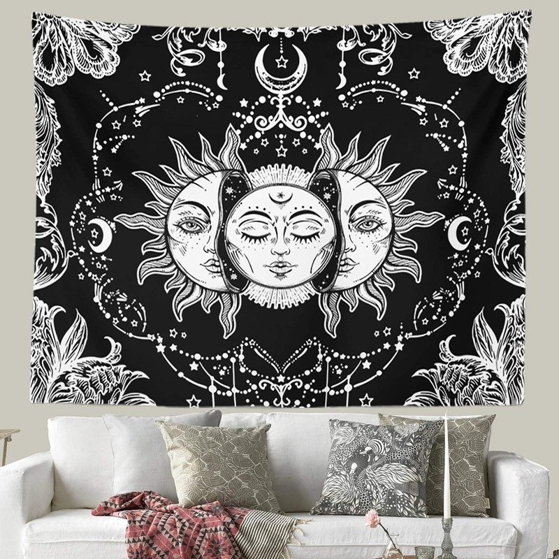 Ftuency Sun and Moon Tapestry Black and White Tapestries Mystic