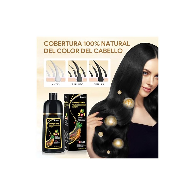 Black Hair Dye Shampoo 3 in 1, Shampoo para Canas